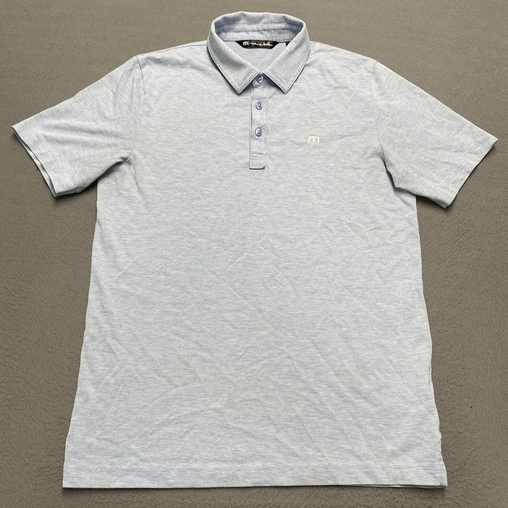 TravisMathew Polo Shirt Mens Small Blue Microstripe Pima Cotton Blend Golf‎ Logo